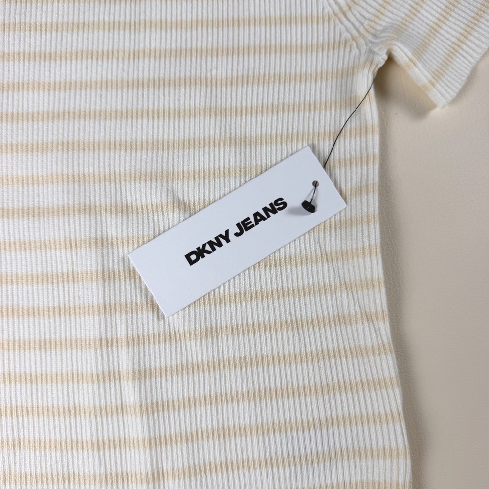 DKNY Jeans Womens LP White Tan Striped Ribbed Knit Short Sleeve Top NWT - Picture 4 of 11